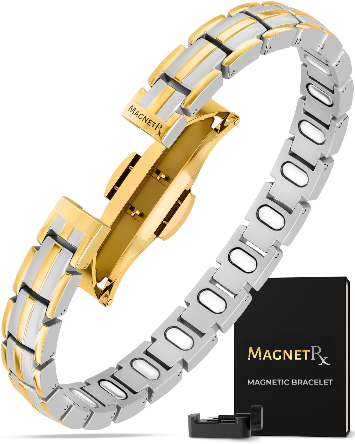 MagnetRX® Magnetic Bracelets for Women - EllipseMAX 5X Strength 5,000 Gauss Magnets - Designed in USA & PATENT PENDING - Premium Titanium Womens Magnetic Bracelet & Adjustable Length (Silver/Gold)