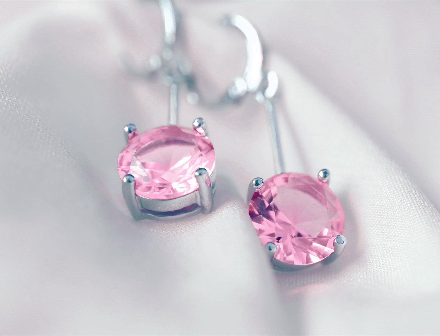 VONSSY Gemstone Drop Dangle Earrings | Platinum/Gold Plated Leverback Crystal Cubic Zirconia Hanging Red/Pink/Blue Earrings (Pink-Platinum)