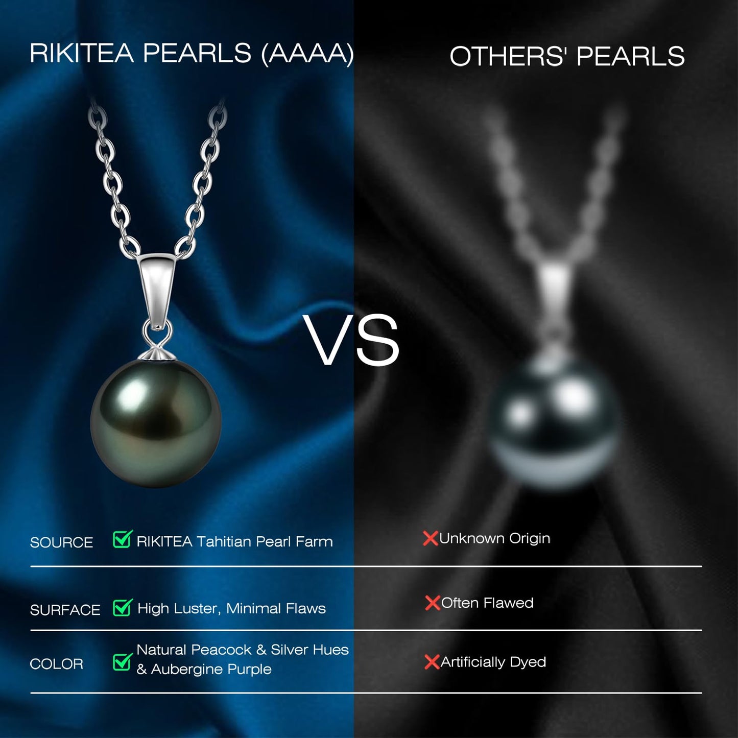 18K Solid White Gold Tahitian Black Pearl Necklace Pendant with Sterling Silver Chain, AAAAA 9-10mm Ocean-Grown Pearls - Christmas Gift for Wife Mom, Women Jewelry for Wedding Anniversary Birthday