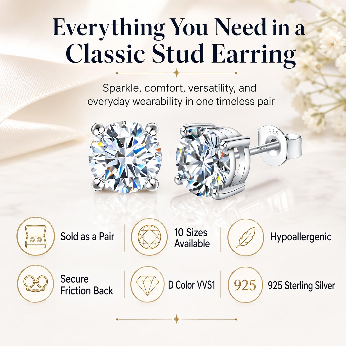 Impalsory Moissanite Stud Earrings 0.3CT 4mm for Women Men, 925 Sterling Silver Hypoallergenic Earrings, 18K White Gold Plated, Secure Friction Back, Brilliant Round Cut D Color VVS1