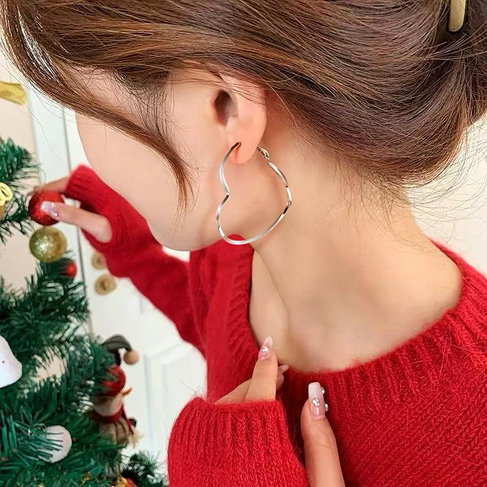 GLOQUAT Silver Plated Heart Hoop Earrings for Women Fashion Large Dangle Earring Heart Shaped Hoop Earrings Thin Hoops Lightweight and Hypoallergenic Trendy Valentie's Gift for Girlfriend Lover 50mm