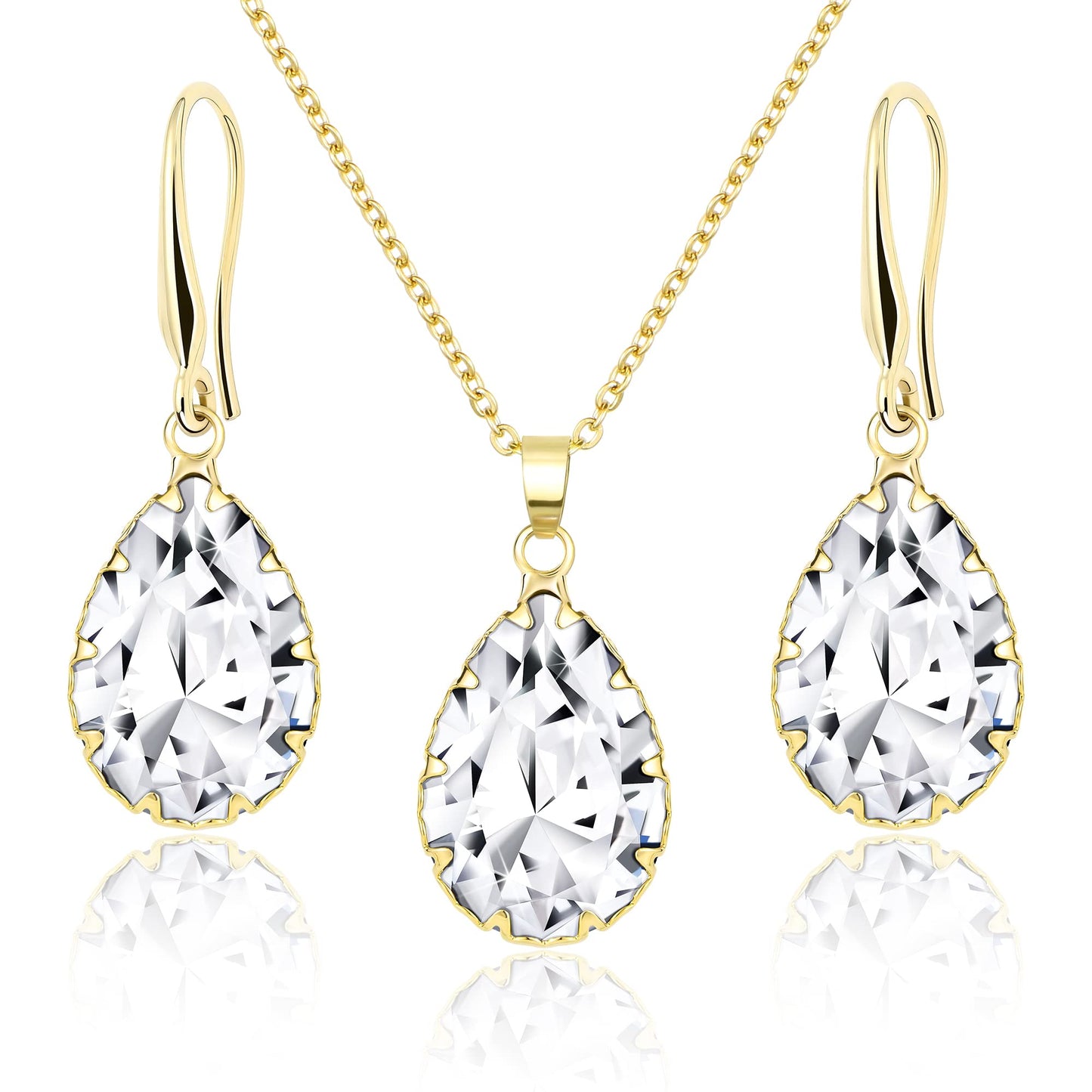 Linawe Wedding Jewelry Sets for Brides Bridesmaid, Crystal Imitation Diamond Pendant Necklace Set, Gold Drop Dangle Earring Set, Rhinestone Cubic Zirconia Birthstone Teardrop Matching Jewelry