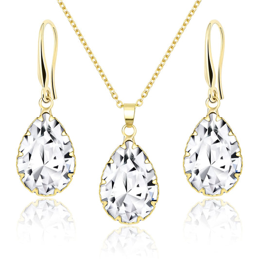 Linawe Wedding Jewelry Sets for Brides Bridesmaid, Crystal Imitation Diamond Pendant Necklace Set, Gold Drop Dangle Earring Set, Rhinestone Cubic Zirconia Birthstone Teardrop Matching Jewelry