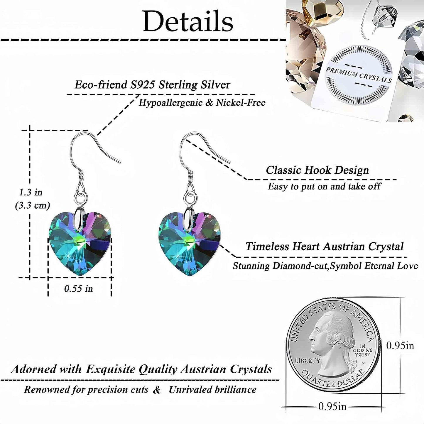 Austrian Crystal Heart Drop Dangle Earrings for Women 925 Sterling Silver Hook Hypoallergenic Earring (Rainbow)