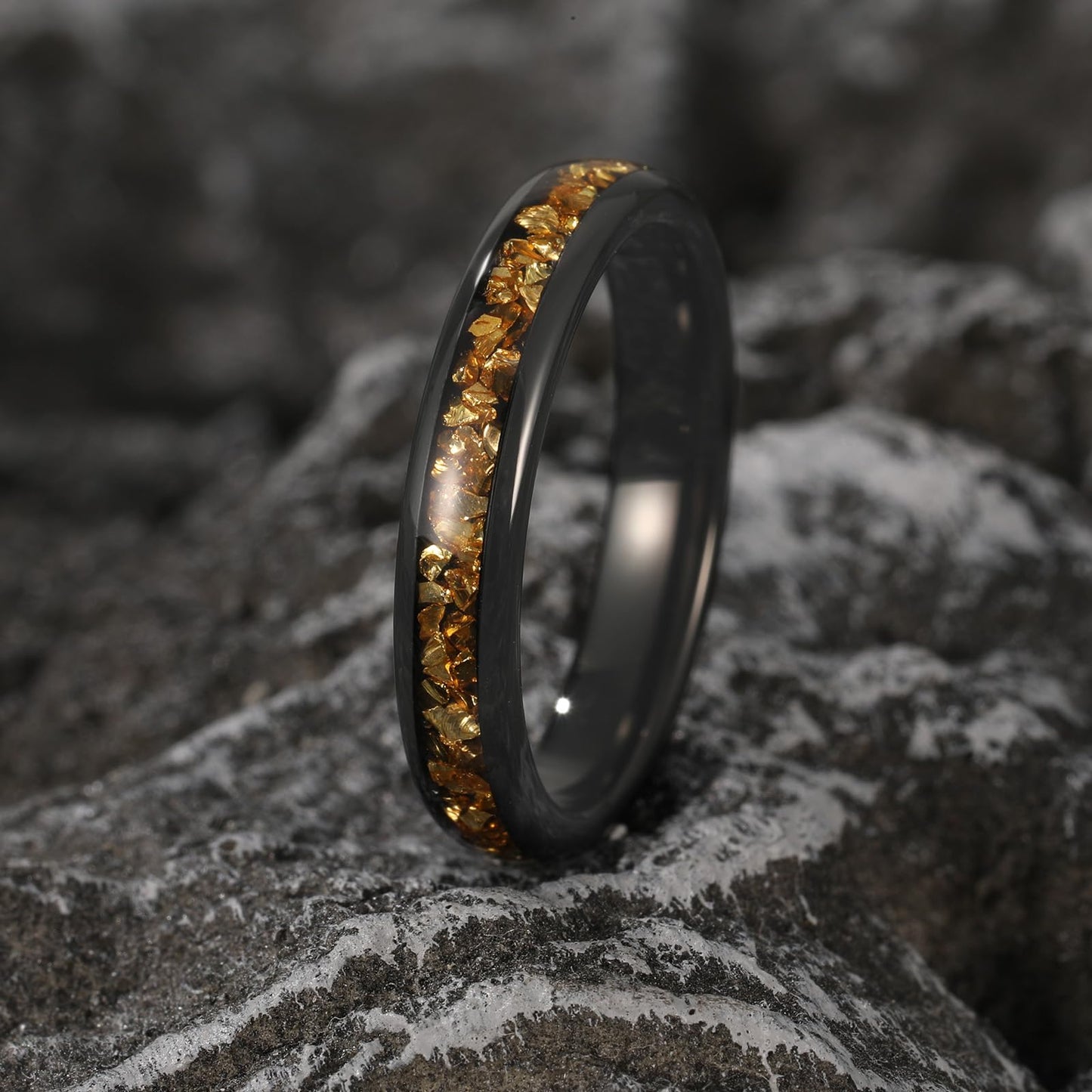 NUNCAD Women's Tungsten Rings 4mm Black Wedding Band Inlaid with Citrine Center Polished Domed Comfort Fit Size 5