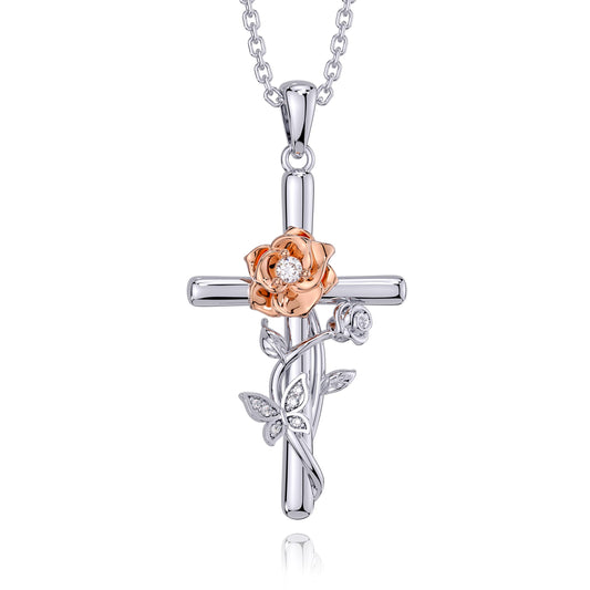 Distance Cross Necklace for Women 925 Sterling Silver Jewelry Pendant Necklace for Mom Wife Gift for Mother's Day or Birthday (Two-tone Rose Cross Necklace)