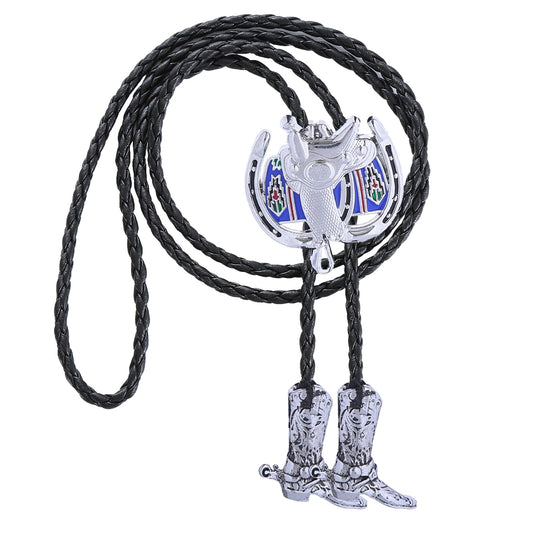 HUABOLA CALYN Western Bolo Tie for Men,Rodeo Vintage Cowboy Western Saddle Design Bolo Tie with Cowboy Boots,Native American Leather Necktie Necklace Costume Accessories for Men Women (Blue)