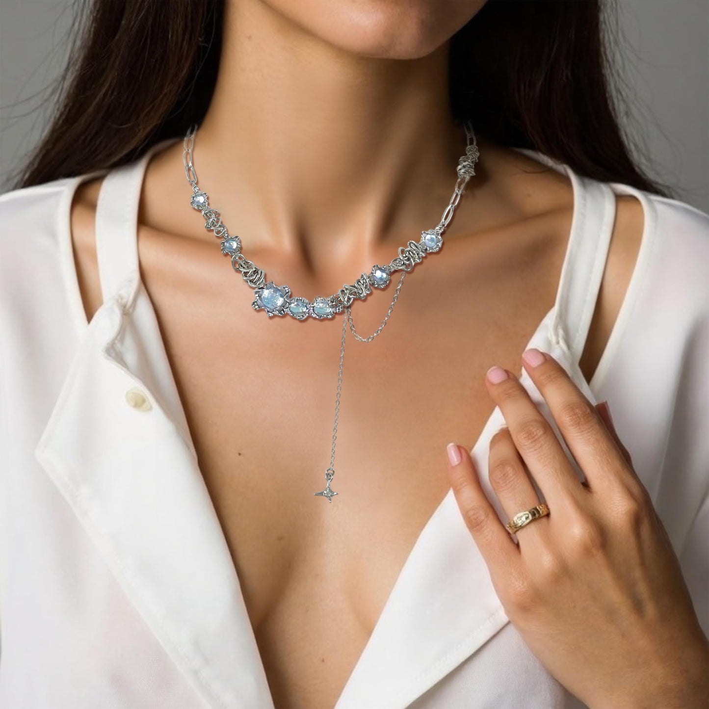 Buyongwant Irregular necklace for Women Y2k chain Moonstone Cat Eye Stone Star Fashion Asymmetric tassel pendant Silver Jewelry