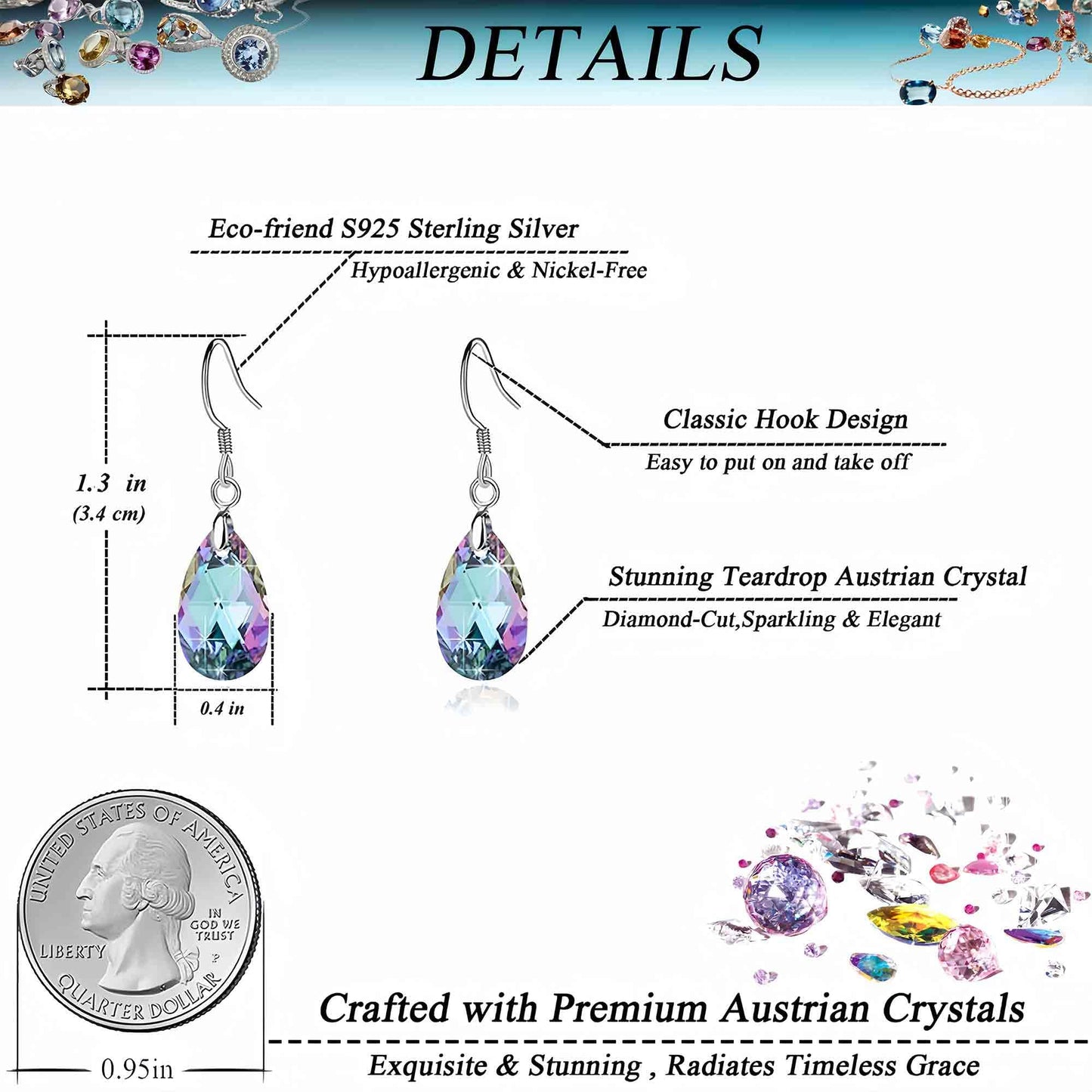 Austrian Crystal Teardrop Dangle Earrings for Women Drop Hook Earring 925 Sterling Silver Hypoallergenic Jewelry (Vitrail Light)