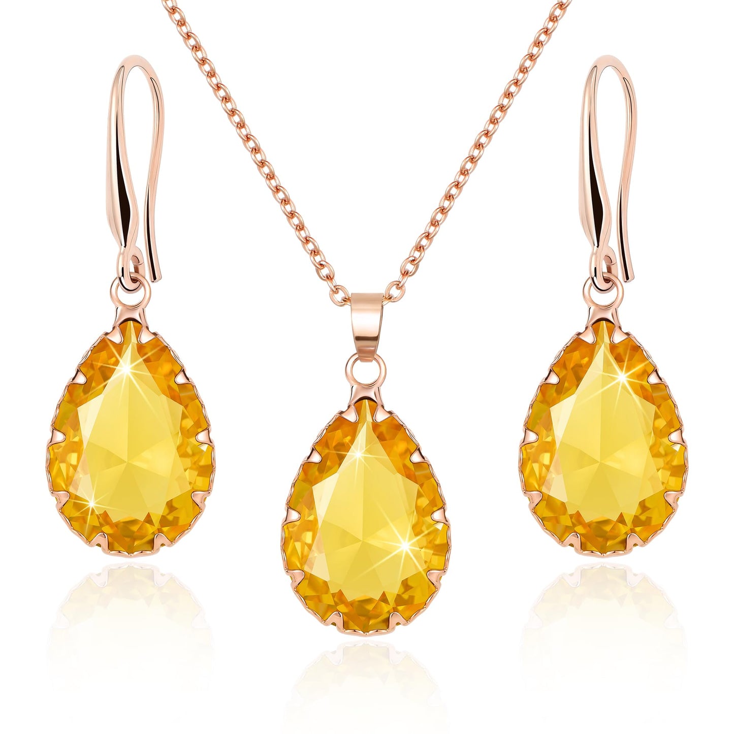 Linawe Yellow Costume Jewelry Sets for Women, Rhinestone Tear Drop Earring Set, Imitation Diamond Birthstone Crystal Pendant Necklace, Rose Gold Cubic Zirconia Women's Jewelry Sets