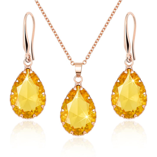 Linawe Yellow Costume Jewelry Sets for Women, Rhinestone Tear Drop Earring Set, Imitation Diamond Birthstone Crystal Pendant Necklace, Rose Gold Cubic Zirconia Women's Jewelry Sets