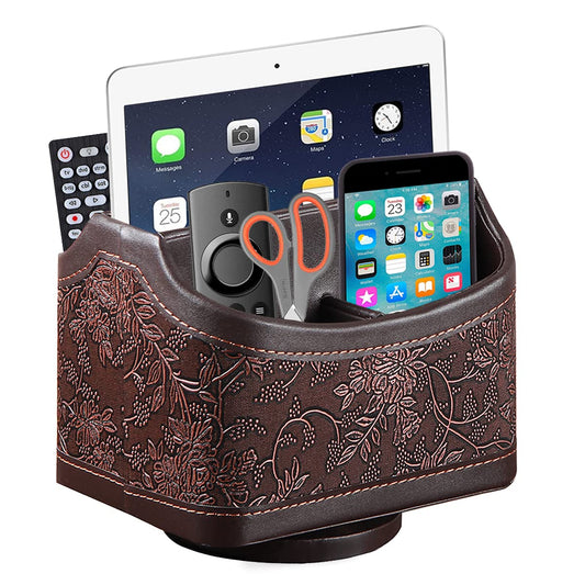 Arniche PU Leather Remote Control Organizer with 360° Spinning Design,Desk Organizer for TV Remote,Phone,Pen,Glasse,Mail,Tablet,Calculator,Controller-Home & Office Storage Caddy (Antique Brown) ﻿