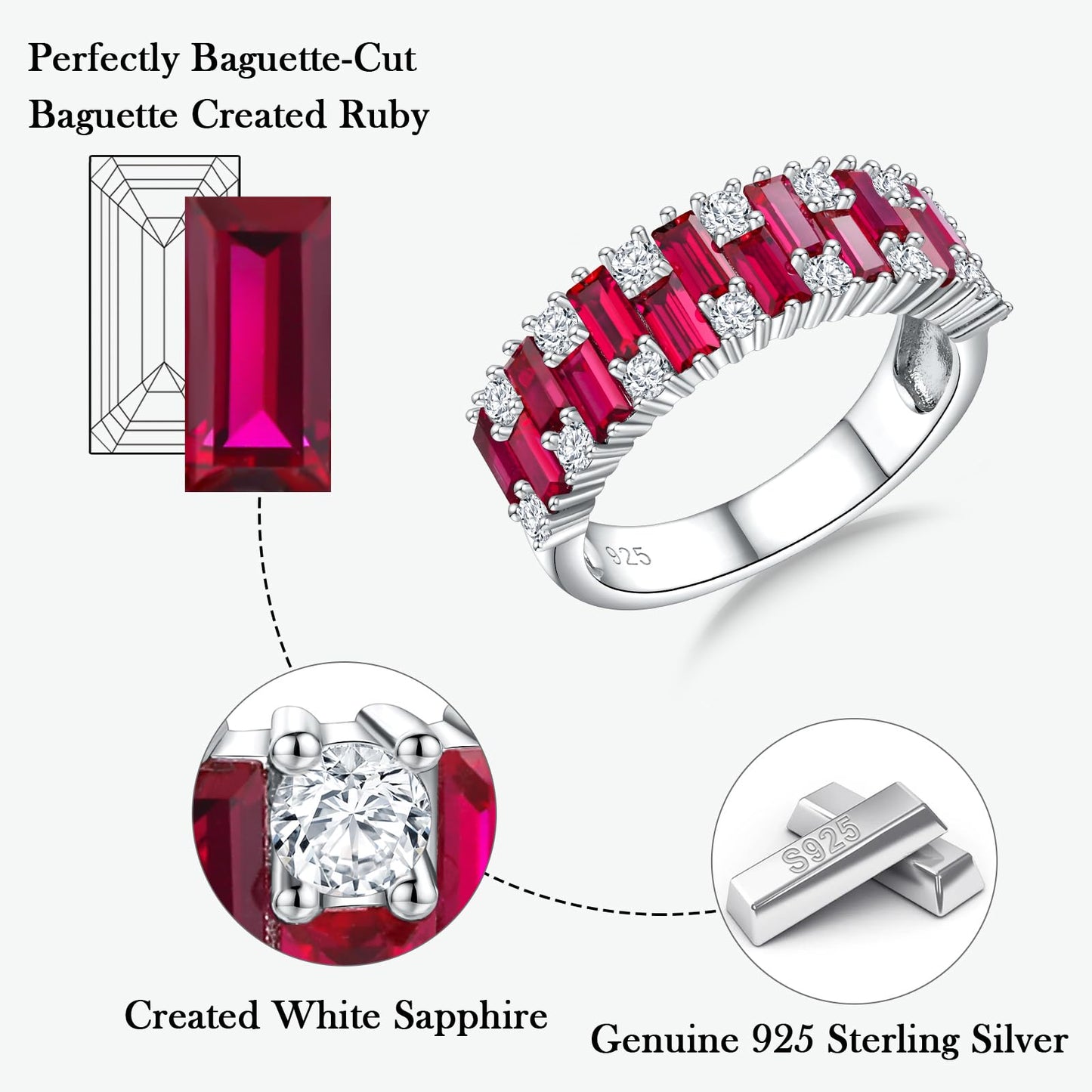 RANDES Cubic Zirconia Band Rings for Women 3 Carat Emerald Cut Engagement Ring Eternity Band Sterling Silver Ruby Ring Baguette Anniversary Rings Size 6