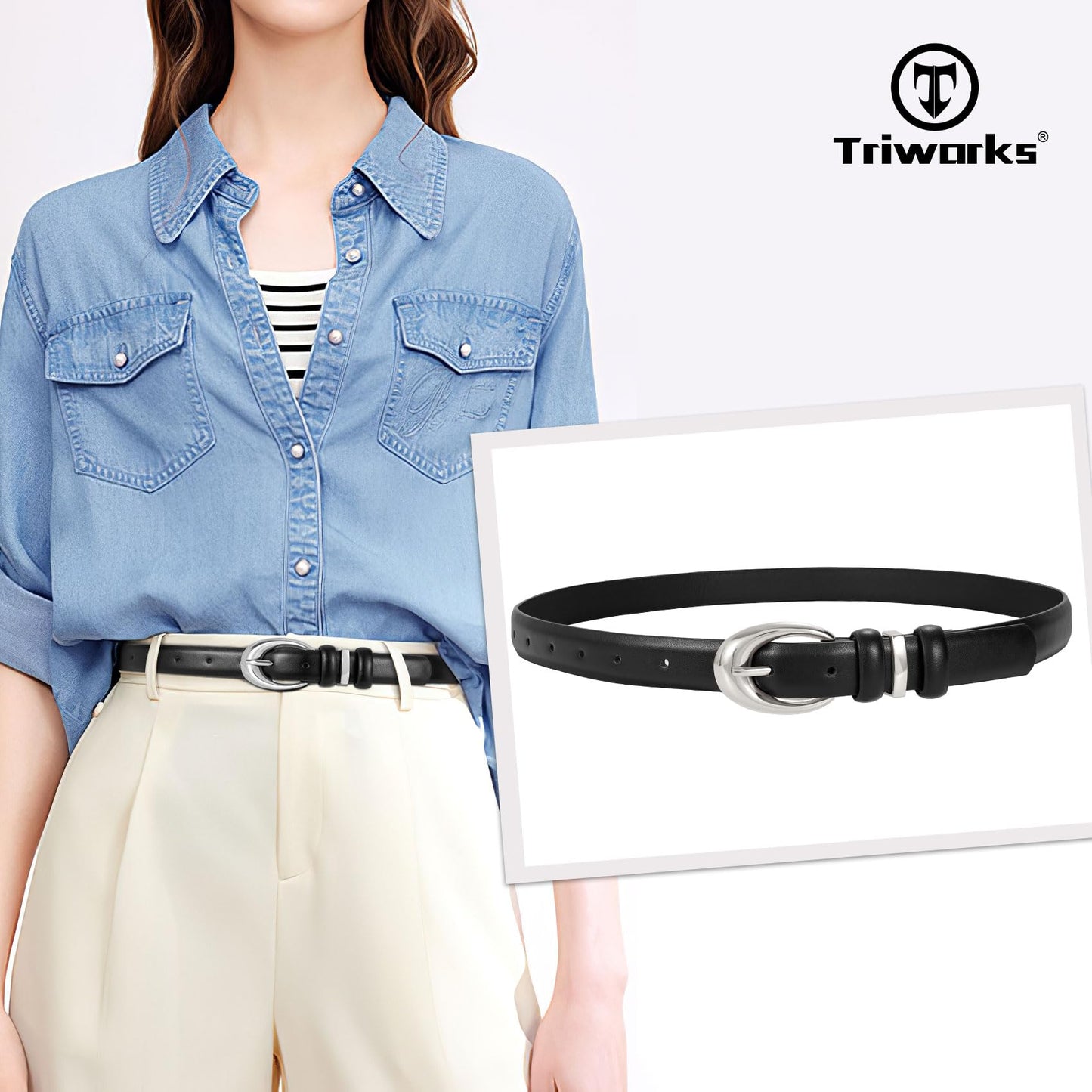 TRIWORKS 3 Pack Women Leather Belt for Jeans Pants Fashion Ladies Faux Leather Belt with Silver Buckle