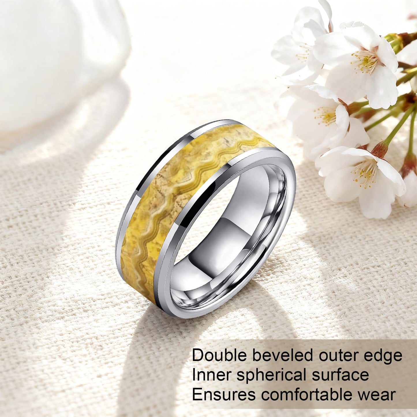 HJIMMNHONG New Carbon Fiber Fashion Rings Double Beveled Edge Delicate Polished Simple Stainless Steel Mens and Women Rings,8mm,Flowing-sand Gold, 8