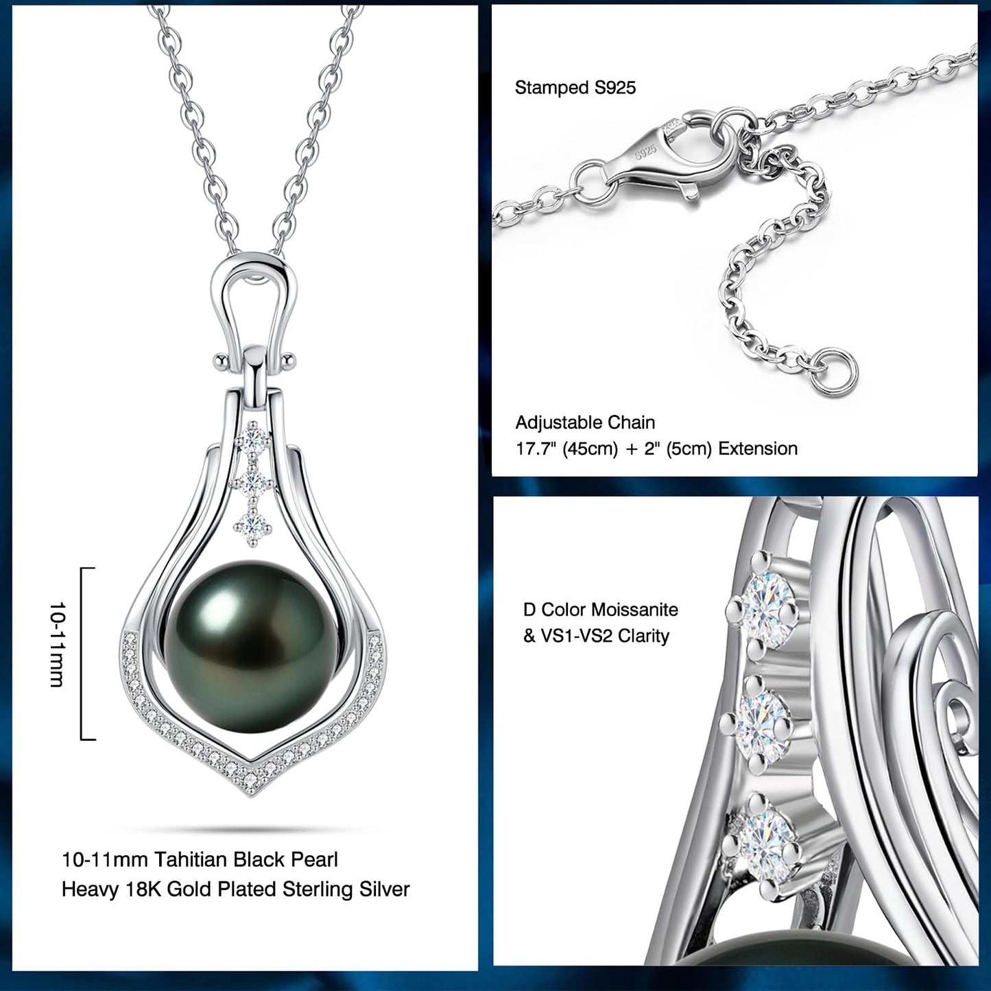 Genuine Tahitian Black Pearl Necklace 10-11mm - Christmas Gift for Women Wife, Mom, daughter, Jewelry Gifts for Wedding Anniversary Birthday, Seawater Pearl with Sterling Silver Moissanite Pendant