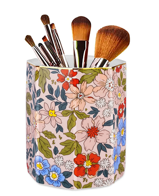 Jwest Pen Holder, Makeup Brush Holder Ceramic Shiny Gold Vintage Floral Flowers Pattern Pencil Cup for Girls Kids Women Durable Stand Desk Organizer Storage Gift for Office, Classroom, Home Pink