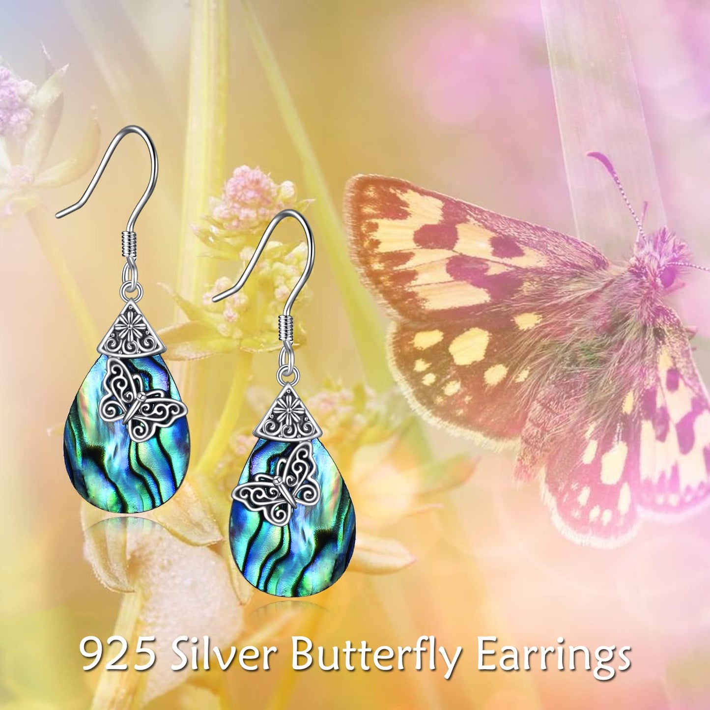 POPLYKE Butterfly Earrings for Women 925 Sterling Silver Leverback Earrings Teardrop Celtic Abalone Earrings Butterfly Jewelry Gifts Birthday