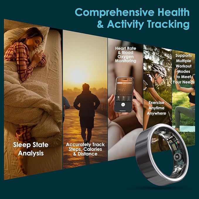 Smart Ring Health Monitoring 5ATM Waterproof Fitness Tracker with Glossy Titanium Surface Blood Oxygen/Sleep/Stress Tracking Women?™s Cycle Prediction Sport Ring Compatible with iOS/Android Black 13