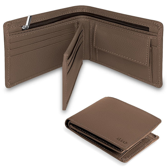 ALSAP Premium Leather Mens Wallets ‒ RFID Blocking Wallet with Coin Pocket & Zip ‒ Bifold Wallets for Men with 12 Card Slots & 2 Bank Note Compartments ‒ Wallet with Gift Box (Brown)