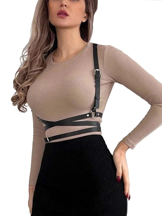 WARANDOD Leather Harness for Women Fashion Goth Chest Pu Black Harness Top Body Punk Belt Adjustable Waist Belts Rave Cosplay Halloween Accessories(Fits Waist 25-30in)