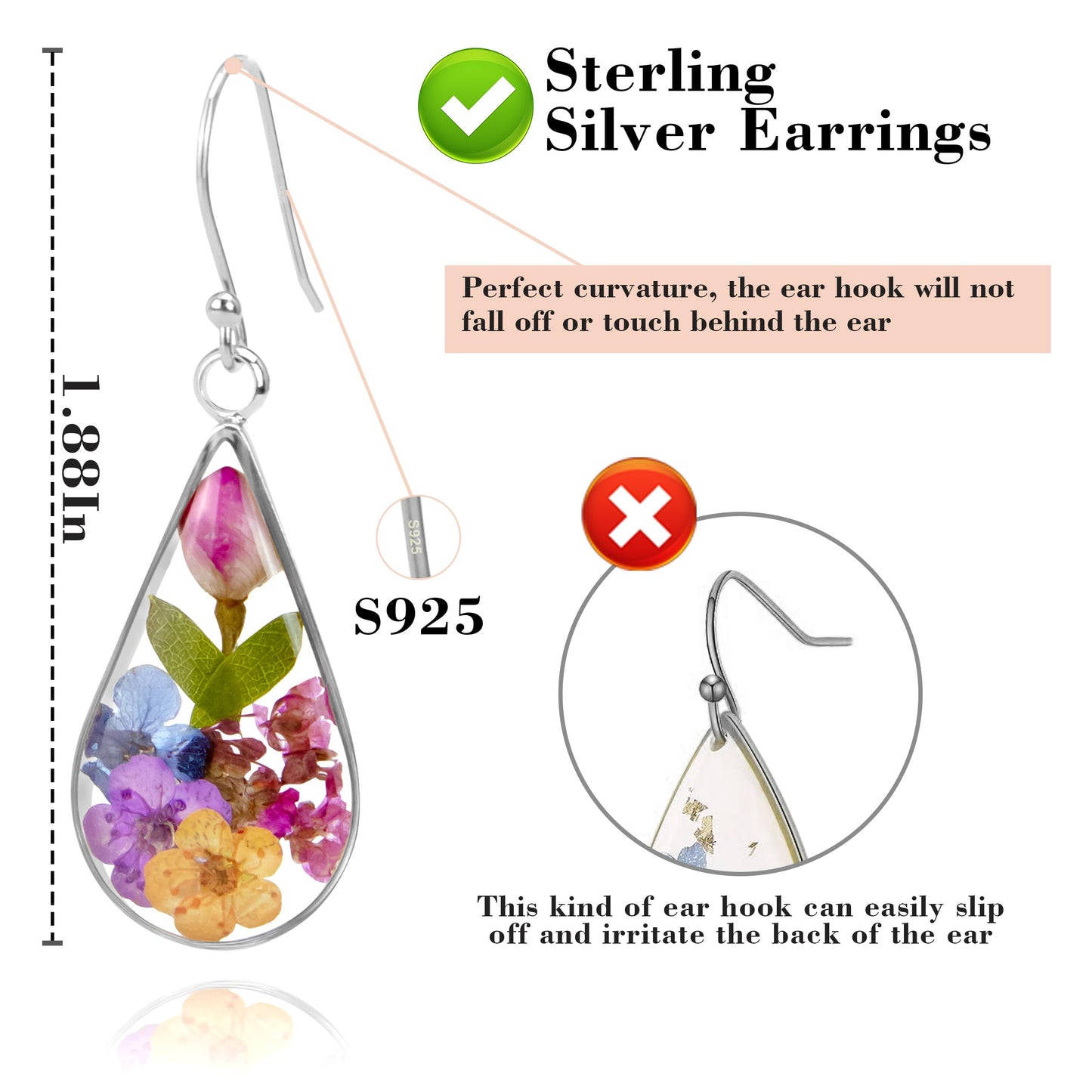 925 Sterling Silver Pressed Flower Teardrop Earrings,Hypoallergenic Women's Jewelry Gift for Mom,Handmade natural dried flower teardrop earrings Jewelry Gift (Silver Rose)