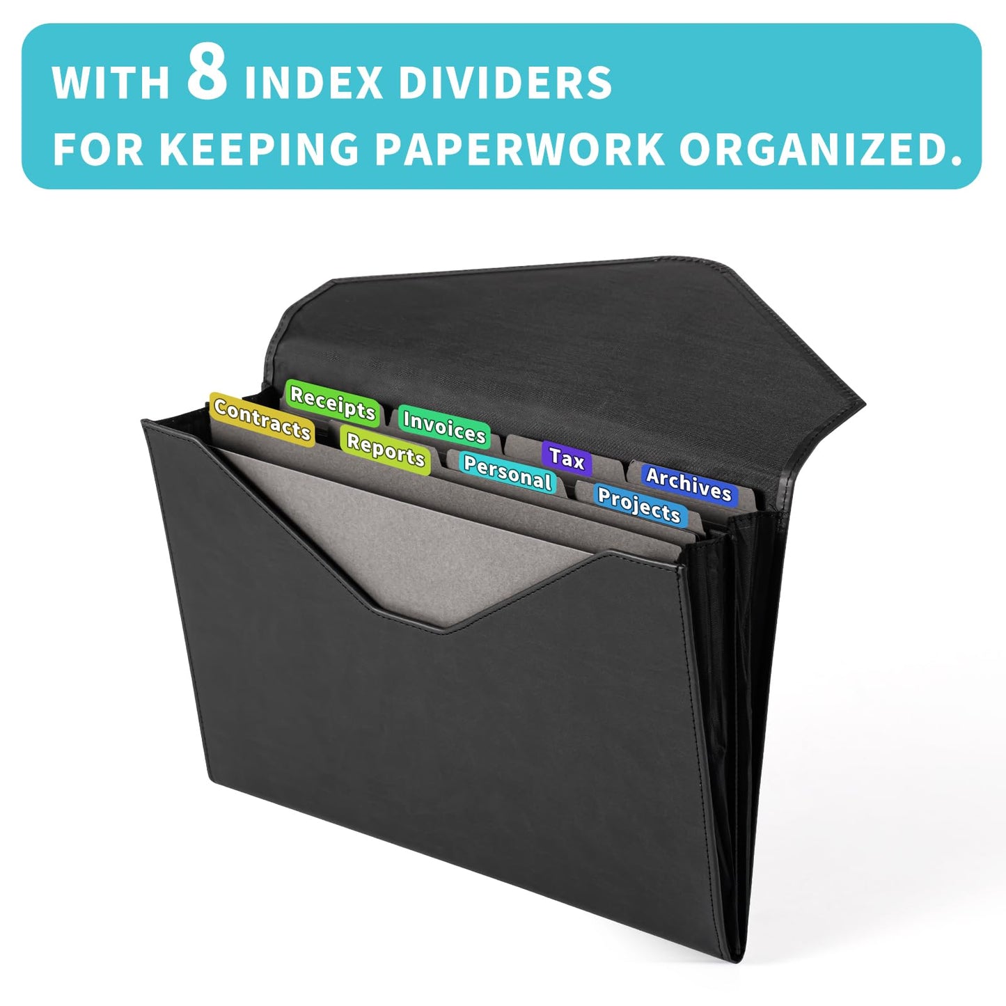Heture PU Leather Heavy-Duty Expanding File Folder, A5/US Letter Size Document Organizer with 8 Paper File Folders, 4-1/2 Inch Expansion, Black – for Office, Auto Shop, School Paperwork.