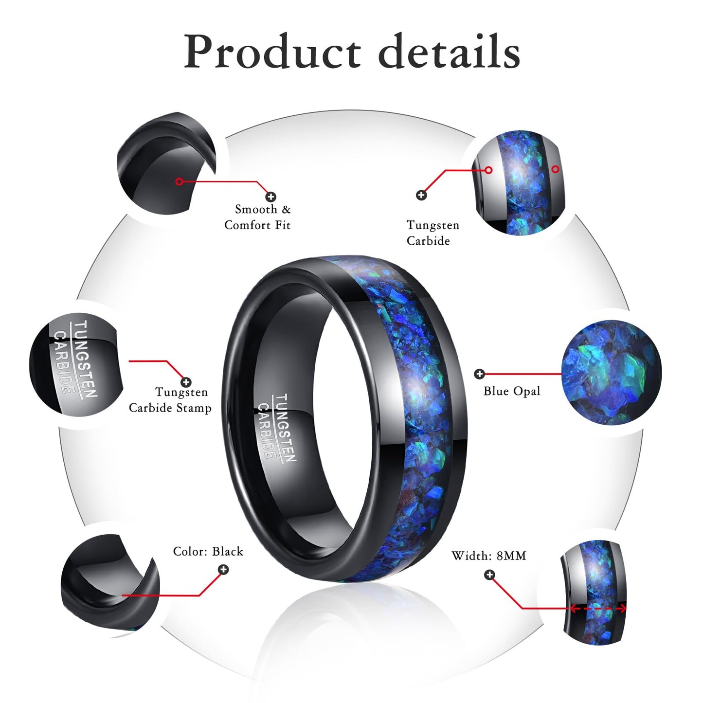 NUNCAD Wedding Rings for Men Opal Ring Tungsten Blue Black Wedding Band 8mm Dome Polished Finish Comfort fit Sizes 9