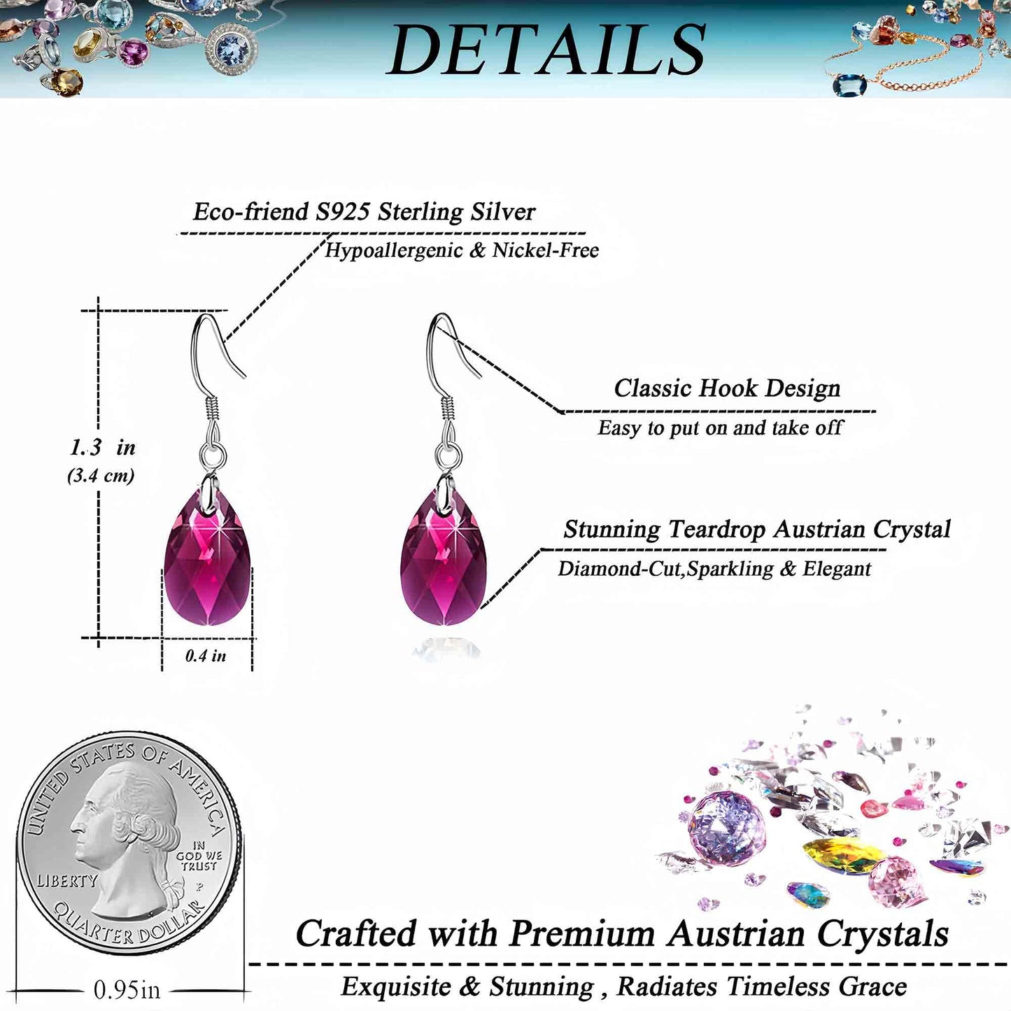 Austrian Crystal Teardrop Dangle Earrings for Women Drop Hook Earring 925 Sterling Silver Hypoallergenic Jewelry (Fuchsia)