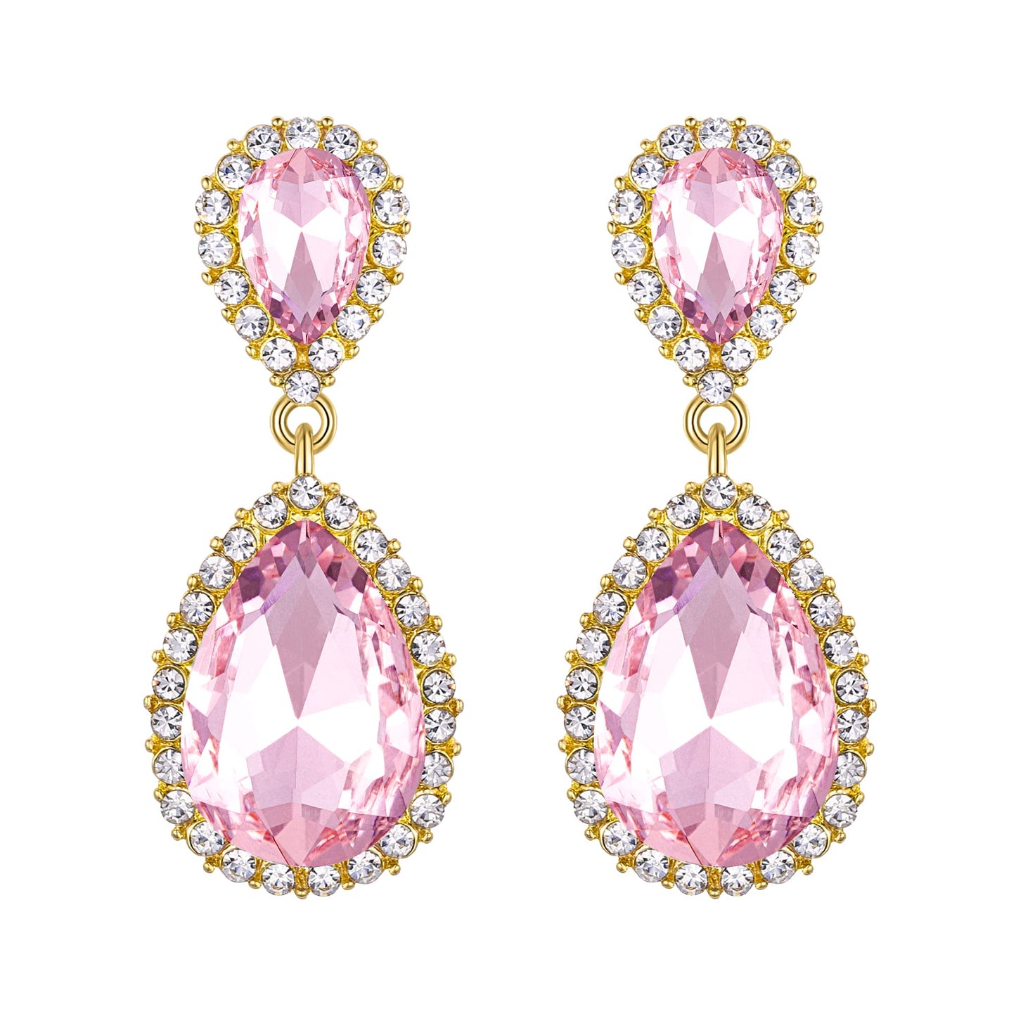 EVER FAITH Women's Austrian Crystal Dangle Earrings, Elegant Bridal Waterdrop Pierced Earrings Pink Gold-Plated-Base