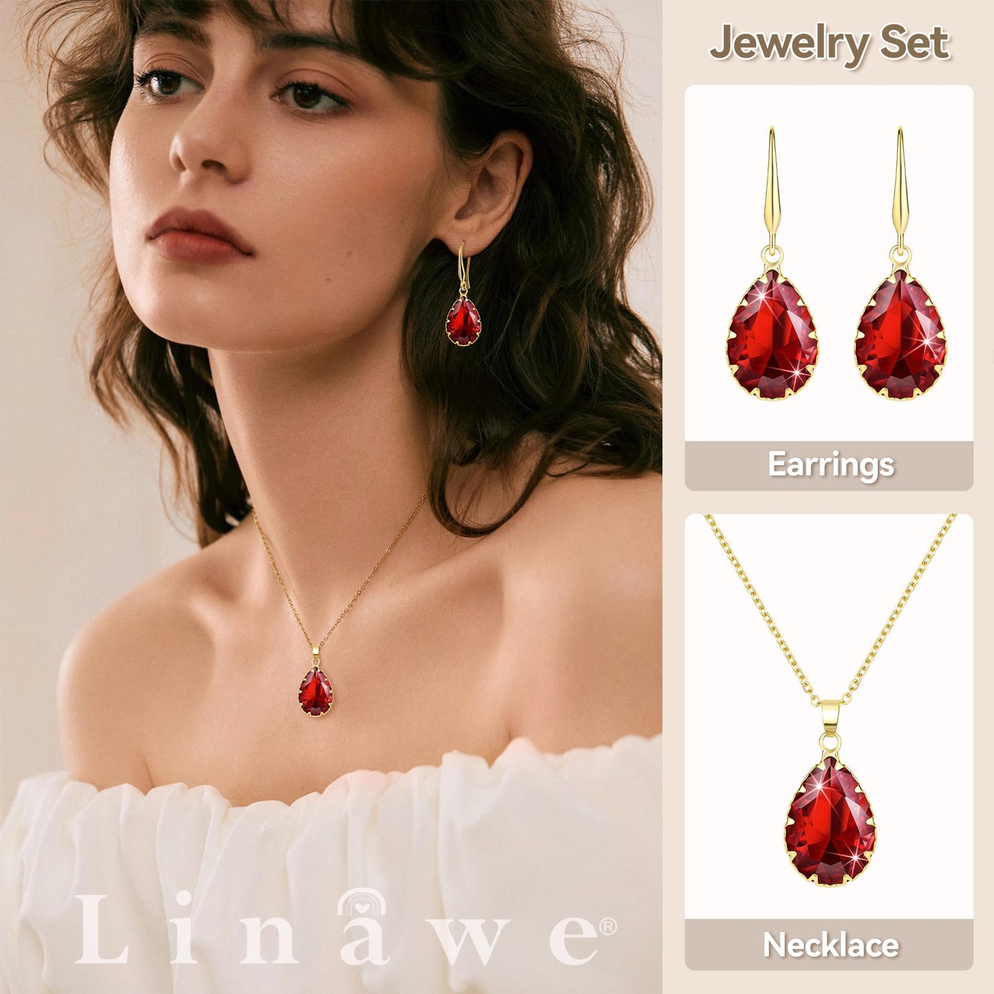 Linawe Ruby Crystal Wedding Jewelry Sets for Women, Garnet Imitation Diamond Pendant Necklace Set, Gold Drop Dangle Red Earring Set, Boho Teardrop Rhinestone Birthstone Jewelry Set