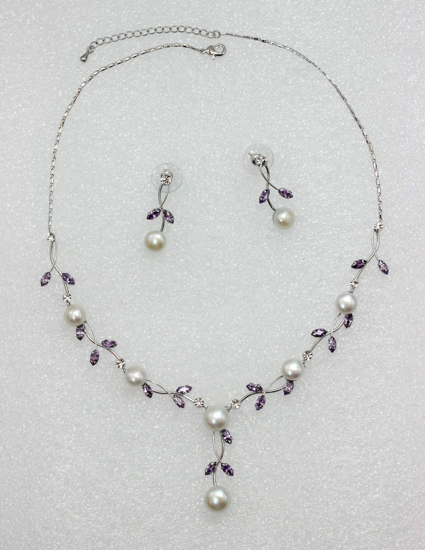 Faship Gorgeous CZ Crystal Genuine Freshwater Pearls Floral Necklace Earrings Set - Purple