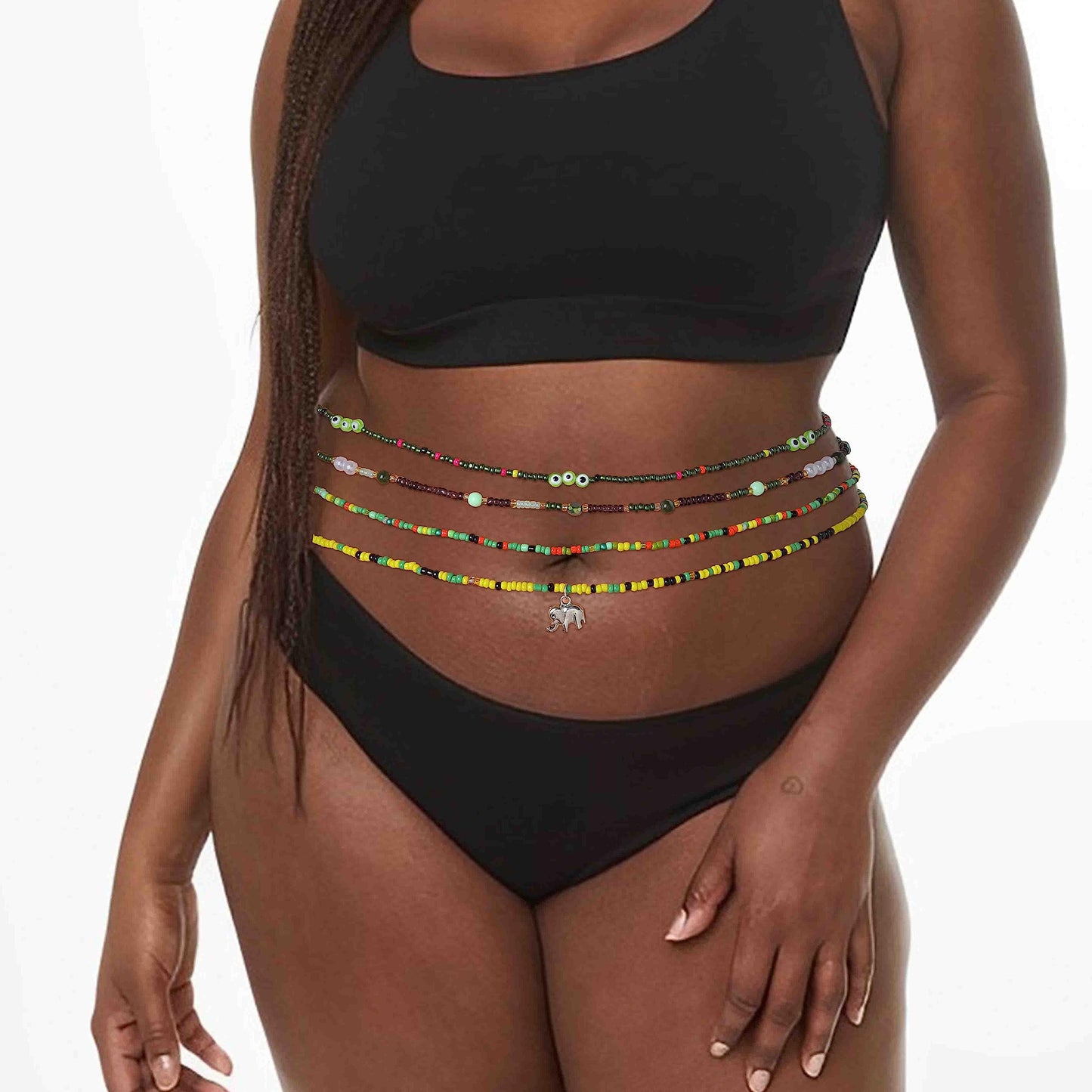 ELABEST 24-39inch African Waist Beads for Women 8Pcs Elastic Belly Beads Colorful Beaded Waist Jewelry Accessories Body Chain (Green, 23.6inch/60cm)