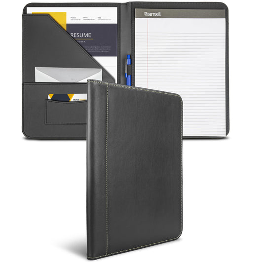 Samsill Contrast Stitch Faux-Leather Padfolio, Business Portfolio for Men and Women, Resume Document Organizer with 8.5 x 11 Inch Writing Pad, Black