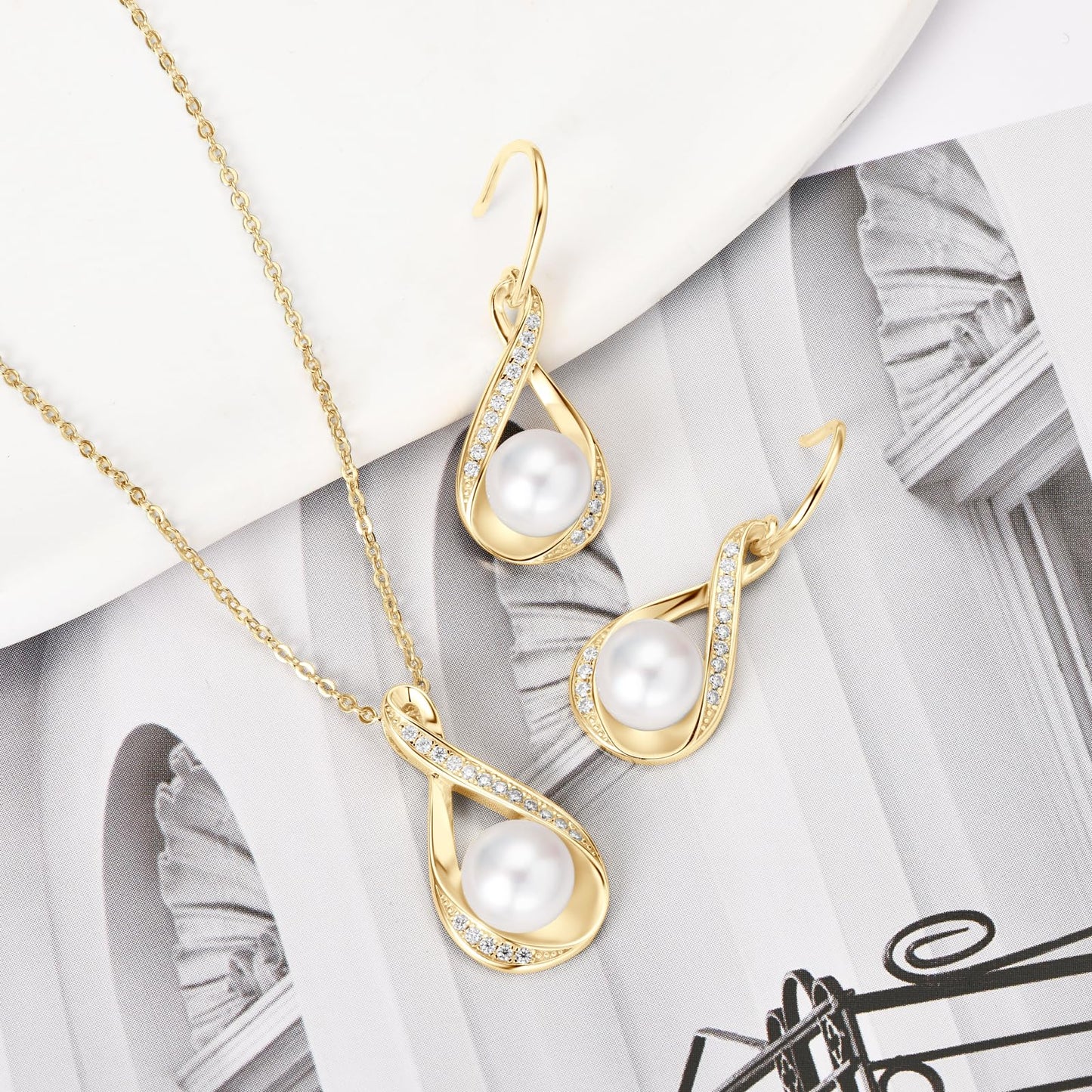 DENGGUANG Sterling Silver Pearl Jewelry Set with Moissanite, Real Freshwater Pearl Earrings Necklace for Women, Wedding Jewelry for Brides Bridesmaid, Mother's Day