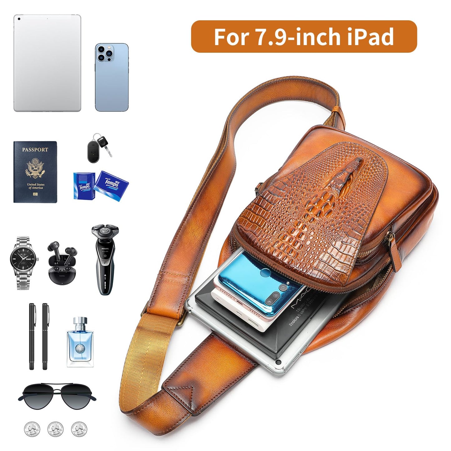 NIUCUNZH Genuine Leather Sling Bag Crocodile Flap Crossbody Purse Shoulder Bag for Travel Everyday Carry Brown