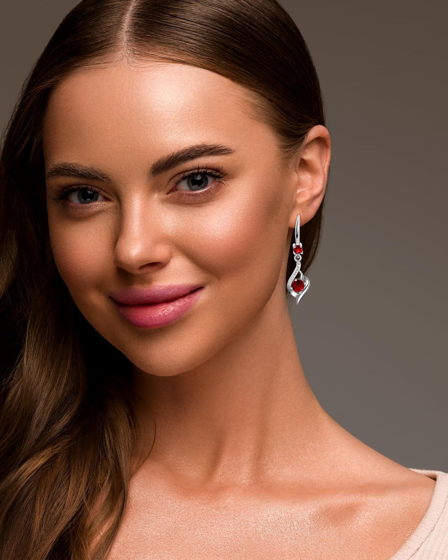 Heart Ruby Drop Dangle Earrings-925 Sterling Silver with Red Crystals-Long Birthstone Jewellery for Women