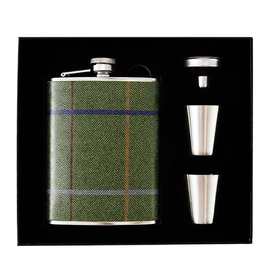 Luxury 8 Ounce Stainless Steel Hip Flask Gift Set with 2 Shot Glasses and Funnel Leather-Printed Cover (Denim Fabric Pattern)