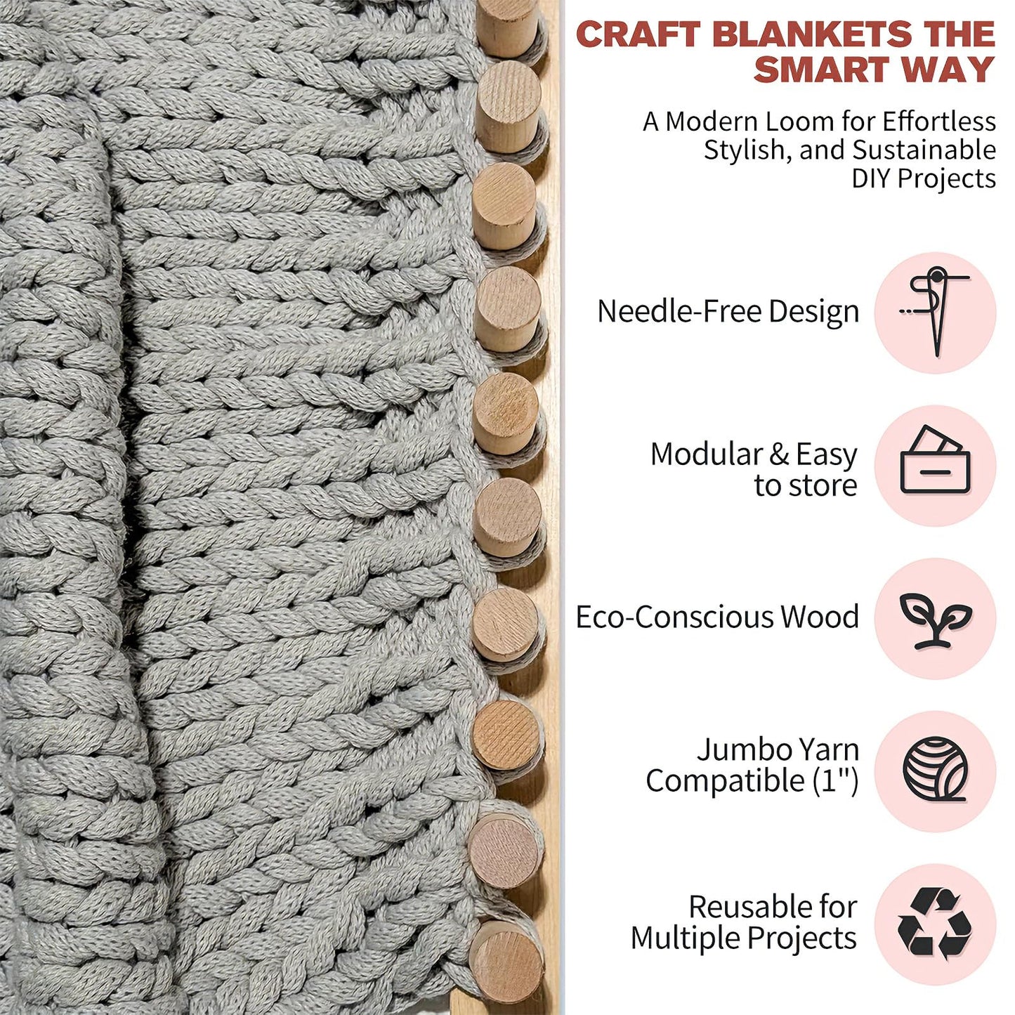 46" Chunky Blankets Loom Knitting, Wooden Knitting Loom Frame for Hand, Adjustable DIY Knitting Loom for Beginners, Reusable Blanket Loom for Bulky Yarn Gifts & Crafts