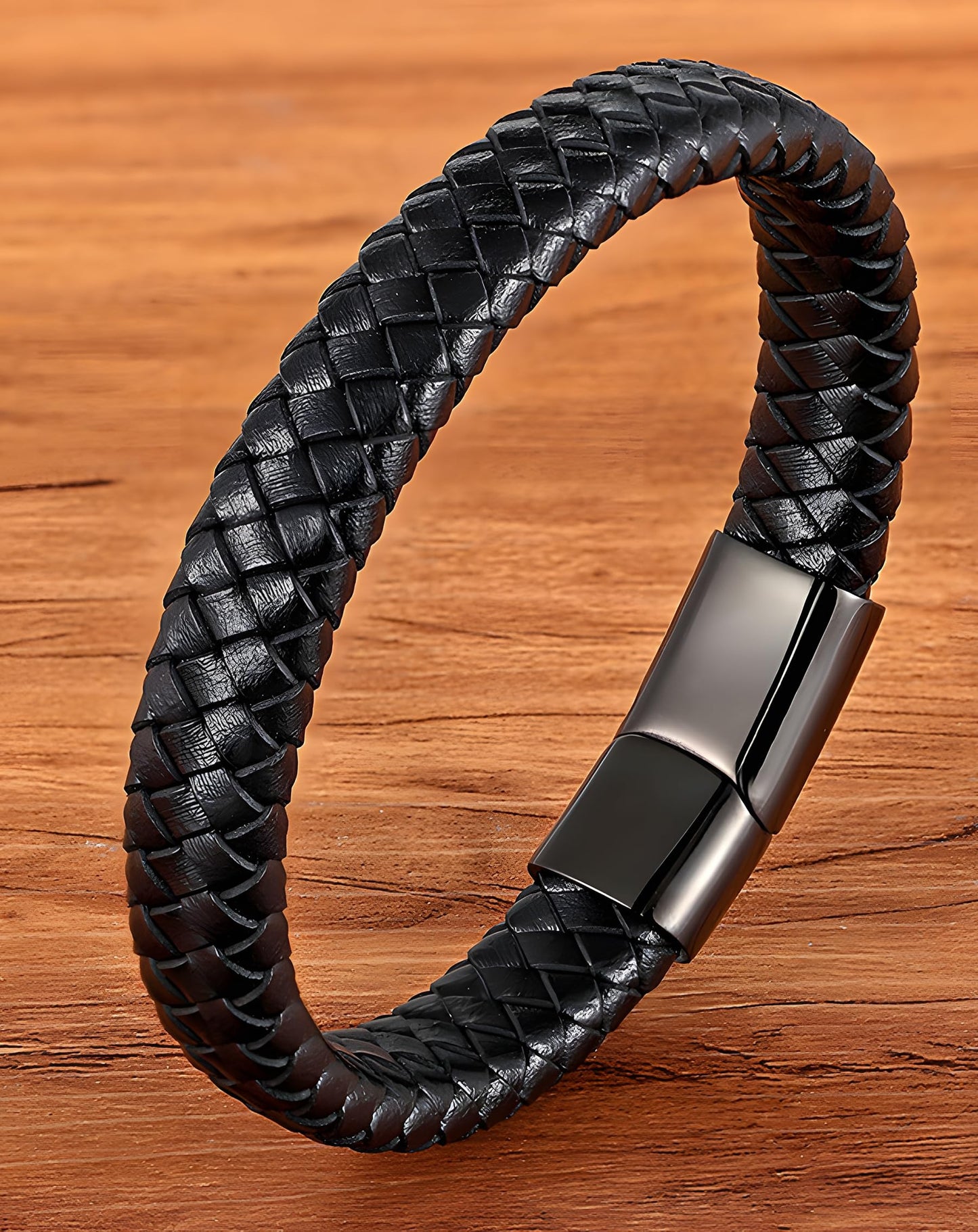 Deerllia Leather Bracelet for Men, Braided Cuff with Stainless Steel Clasp Stacked Multi Style Color Anniversary Father's Day Birthday Christmas Jewelry Gifts for Him, Black Clasp Black Leather