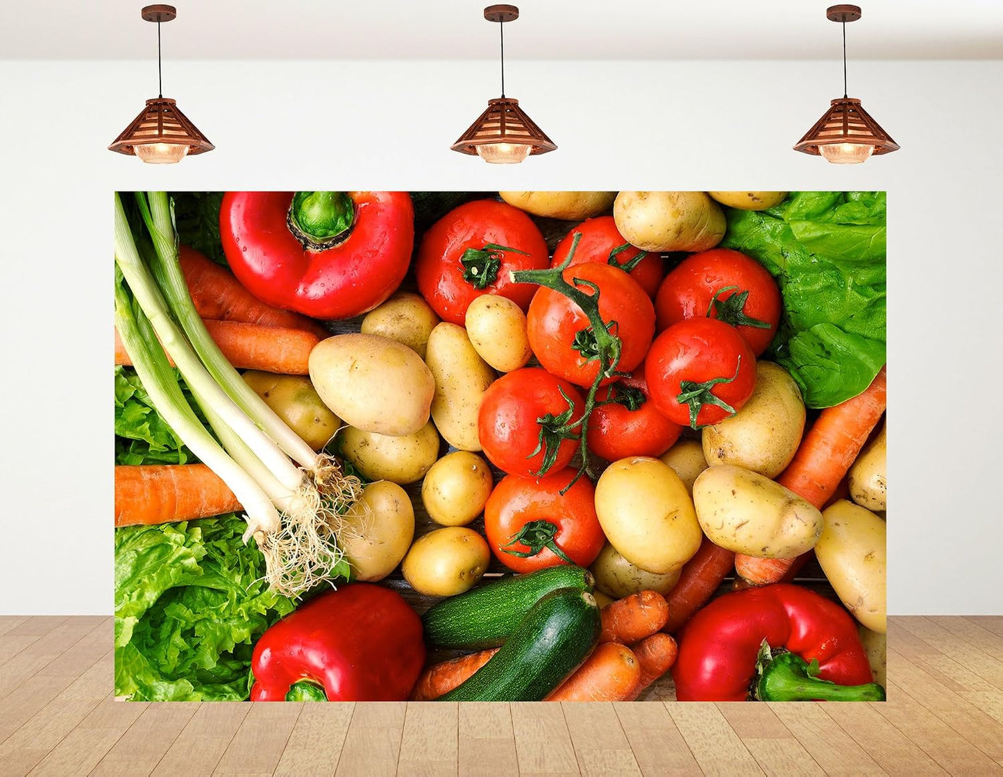 KeyWork 8x8ft Fresh Vegetables Backdrop Colorful Produce Wooden Table Photography Background for Healthy Themed Party