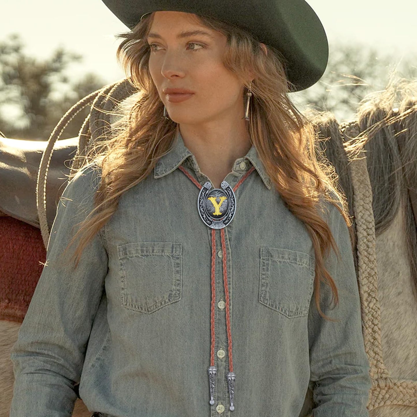 HUABOLA CALYN Brown Bolo Tie for Men Black Initial Letter ABCDMJR to Z Native American Western Cowboy Bolo Tie for Women (Y)