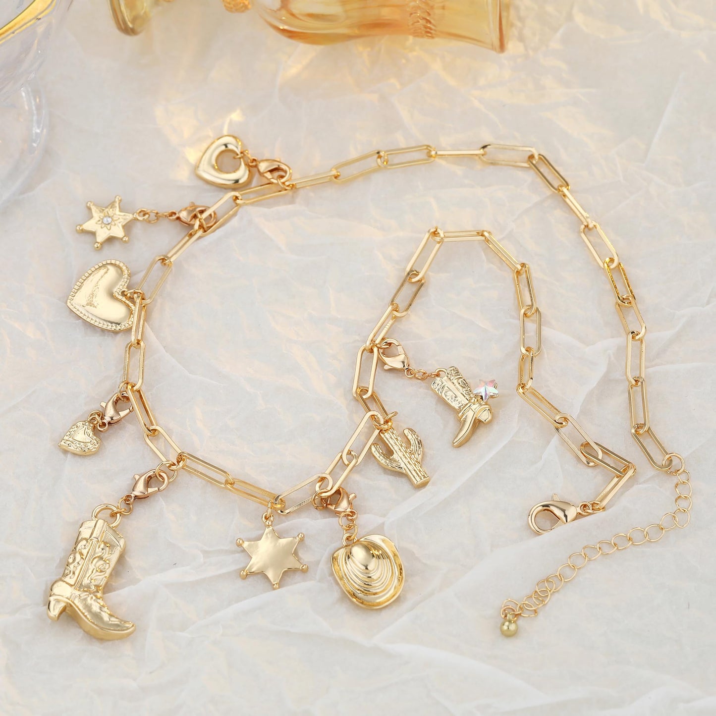 Women's Fashion Vintage Cactus Star Pendant Necklace - Detachable Multi Pendant Boot Charm Dainty Gold Chunky Paperclip Chain Layered Necklace Jewelry Gift for Her (Birthday, Valentine's Day, Christmas)