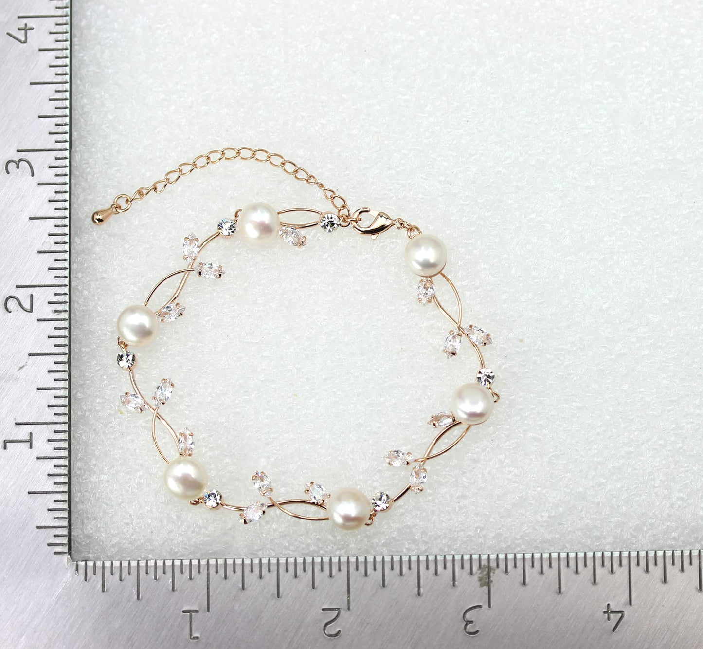 Faship Clear CZ Crystal Genuine Freshwater Pearls Floral Bracelet 7.5" - 9.5" - Clear/Rose Gold Plated/Matching Bracelet