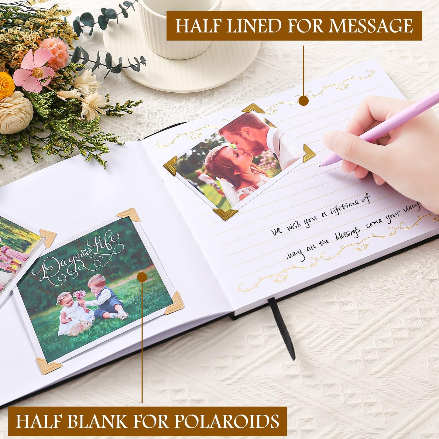 Rolarhola 8x10 Leather Guest Book and Standup Sign Set, Gold Foiled Cover Registry Book for Wedding Reception, Retirement Party, Vacation Homes and Events, 120 Pages (Black)