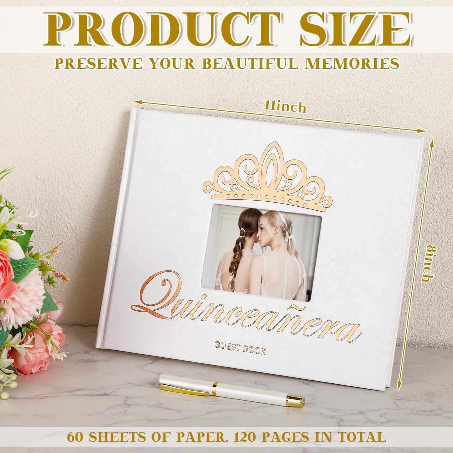 MotiMind Quinceanera Guest Book with Pen 11 x 8 Inch Libro De Firmas Para 15 Anos Quinceanera Leather Hardcover Signature Book Guest Sign in for 15th Party Favors Decoration(White Rose Gold,Crown)