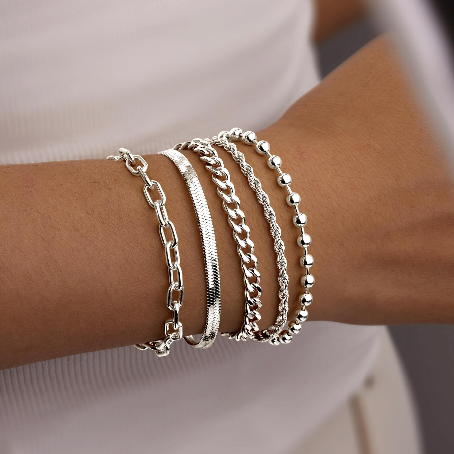 Silver Bracelets for Women Non Tarnish, Dainty Waterproof Silver Stackable Bracelet Set Stack With Beaded, Cuban, Paperclip, Snake, Rope, Silver Jewelry Gifts for Women Trendy