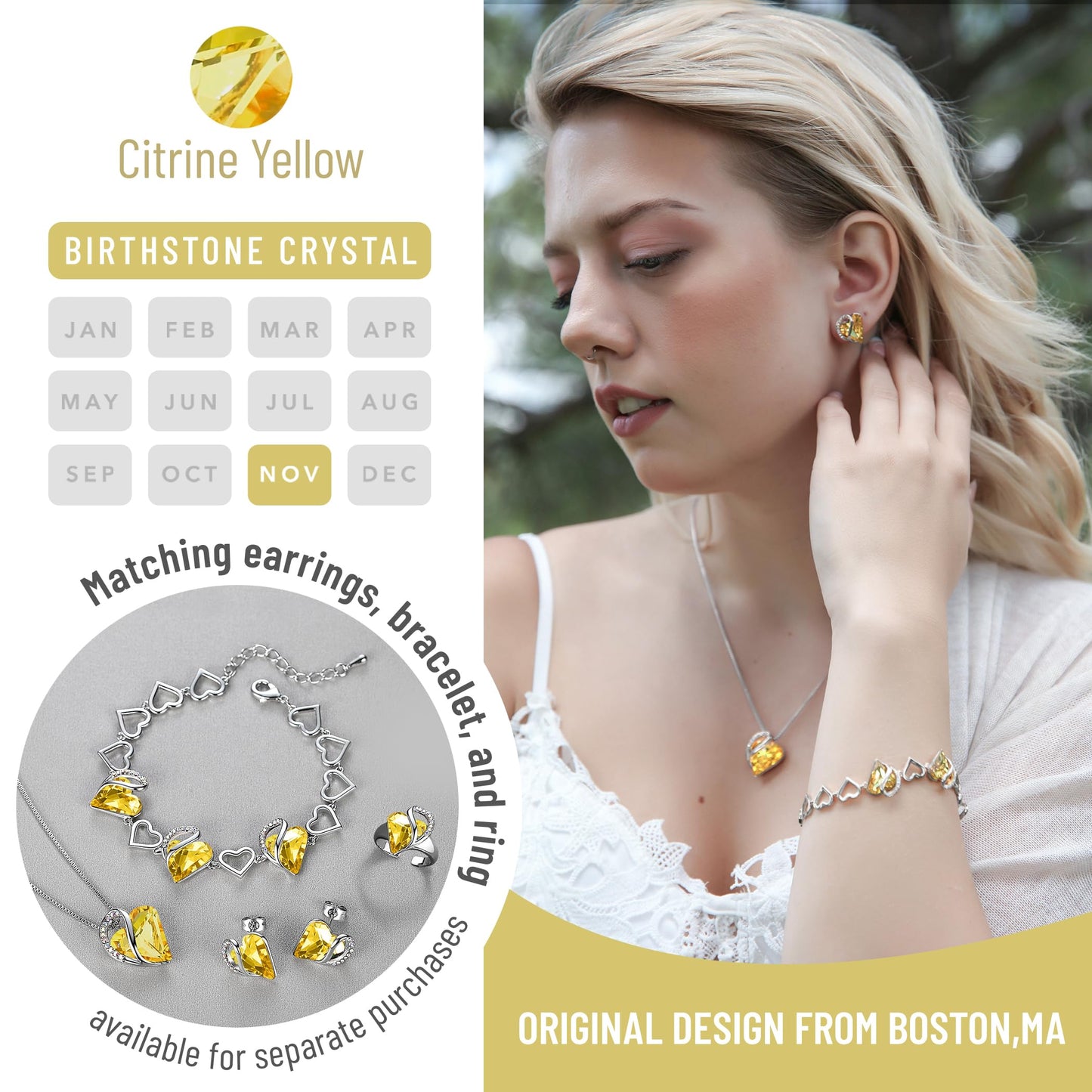 Leafael Gift Necklaces for Women, Infinity Love Birthstone Heart Pendant, Citrine Yellow Crystal for November, Birthday Jewelry for Her, Mom, and Wife, Silver Plated, 18" + 2" Chain