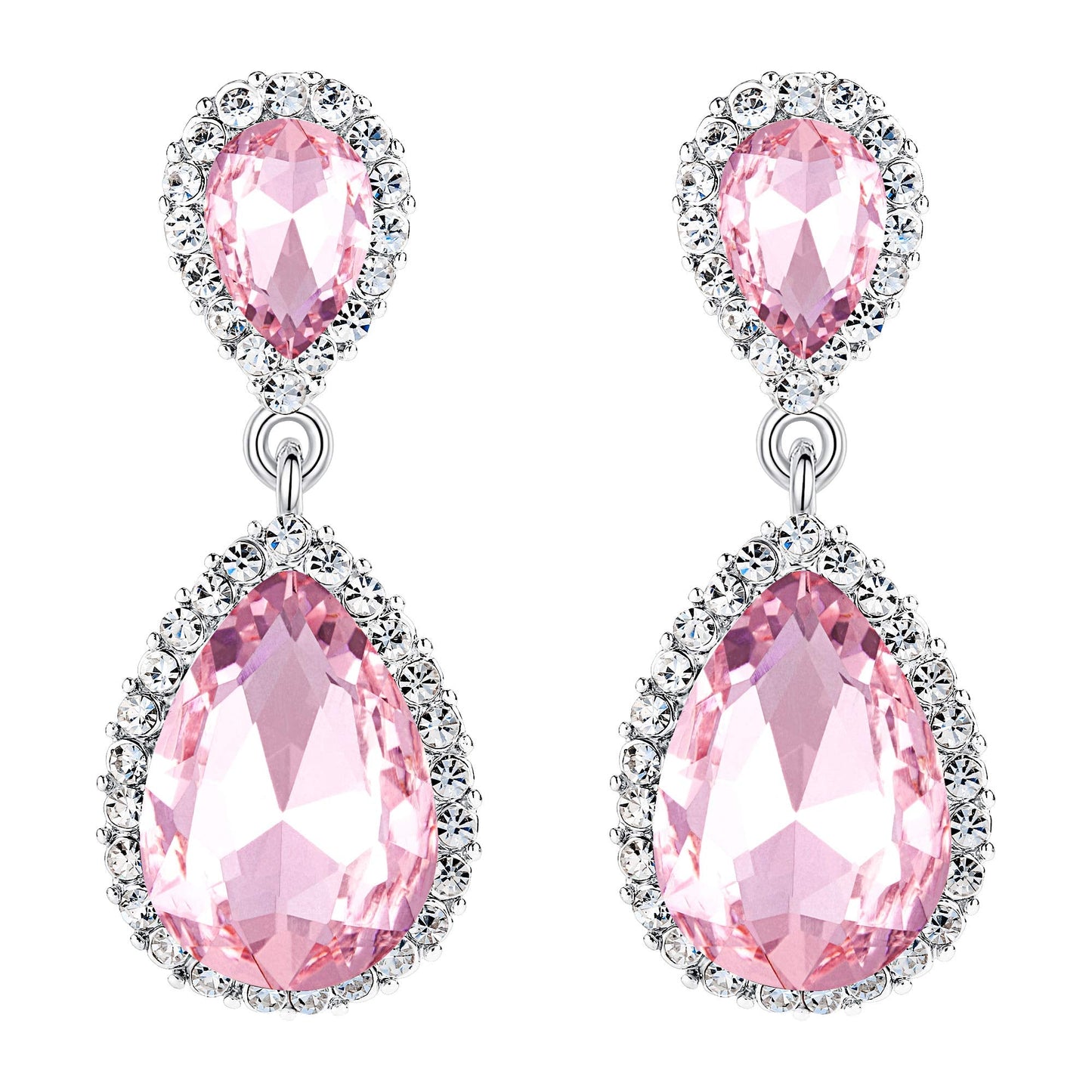 EVER FAITH Women's Austrian Crystal Wedding Tear Drop Dangle Earrings Pink Silver-Plated-Base