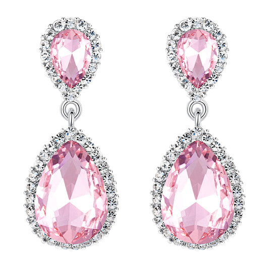 EVER FAITH Women's Austrian Crystal Wedding Tear Drop Dangle Earrings Pink Silver-Plated-Base